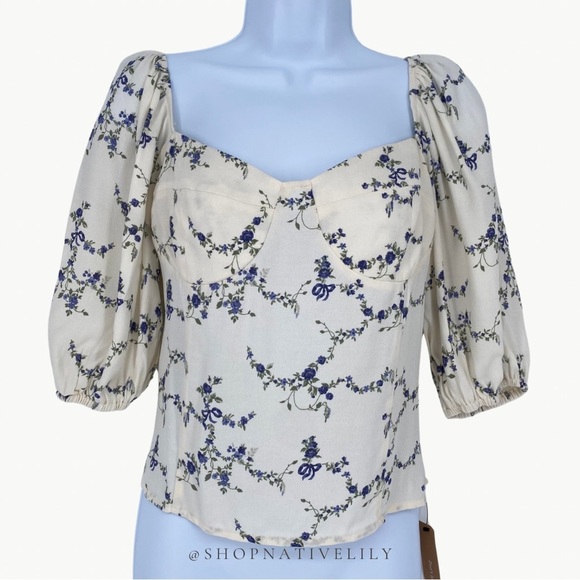 NWT Reformation Women's Lua Puff Sleeve Floral Smocked Top Sz 8, Ivory & Blue - Picture 10 of 16